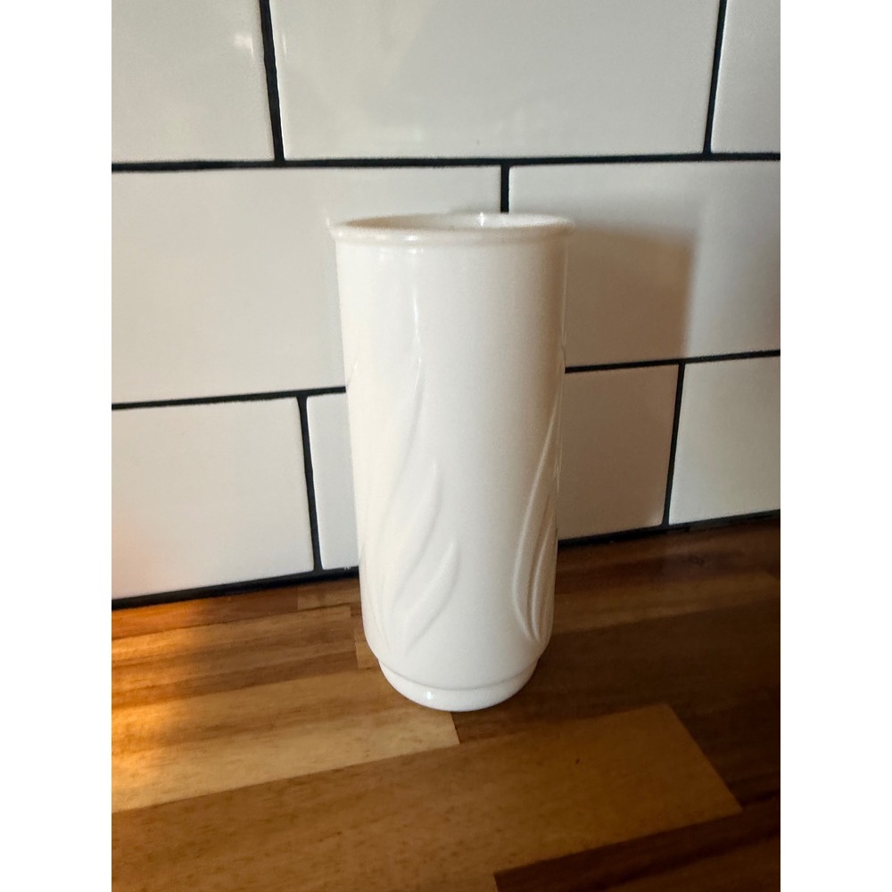 Vintage White Milk Glass Vase Embossed Leaf Pattern Cylindrical Bud Vase 7 Inch